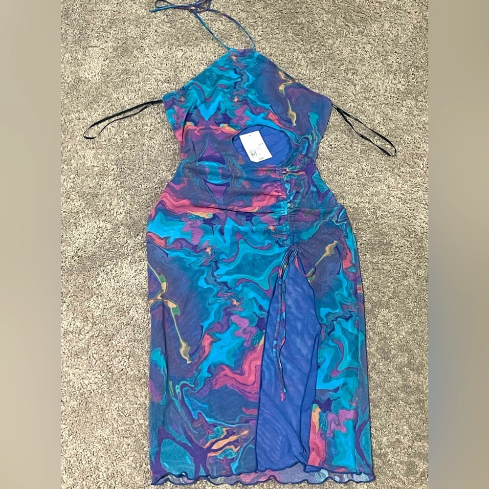 Multi color bodycon cutout dress with halter spaghetti straps